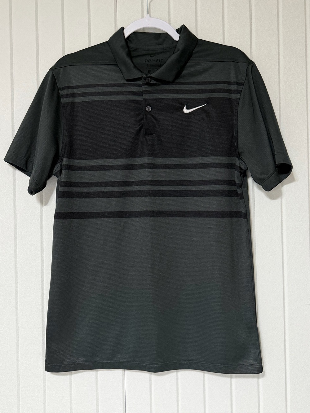 Nike Men's Black and Dark Gray Striped Dri-FIT Polo